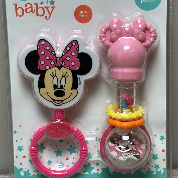 Disney Minnie Mouse Pink Shake 'N Rattle and Character Rattle 2 Piece Baby Gift - Picture 2 of 4